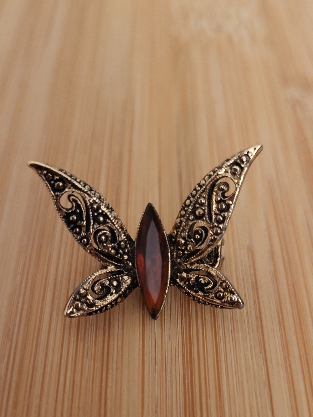 Vintage Gold Tone Filigree Butterfly Scatter Pin/Brooch Amber Rhinestone
